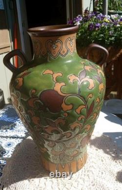 Art Nouveau Pottery Vase, Chinoiserie, 2 Handles, Green Leaf & Enamel Embossed
