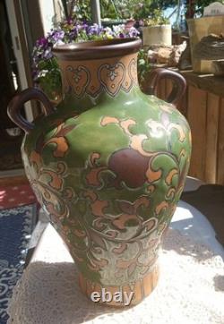 Art Nouveau Pottery Vase, Chinoiserie, 2 Handles, Green Leaf & Enamel Embossed