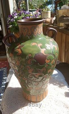 Art Nouveau Pottery Vase, Chinoiserie, 2 Handles, Green Leaf & Enamel Embossed