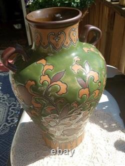Art Nouveau Pottery Vase, Chinoiserie, 2 Handles, Green Leaf & Enamel Embossed