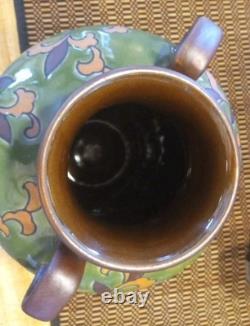 Art Nouveau Pottery Vase, Chinoiserie, 2 Handles, Green Leaf & Enamel Embossed