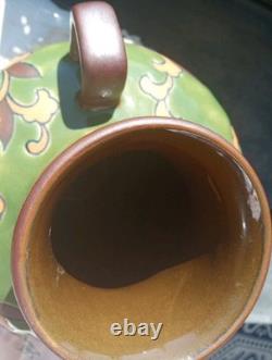 Art Nouveau Pottery Vase, Chinoiserie, 2 Handles, Green Leaf & Enamel Embossed