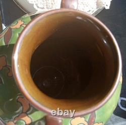 Art Nouveau Pottery Vase, Chinoiserie, 2 Handles, Green Leaf & Enamel Embossed