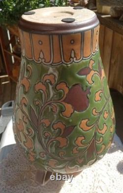 Art Nouveau Pottery Vase, Chinoiserie, 2 Handles, Green Leaf & Enamel Embossed