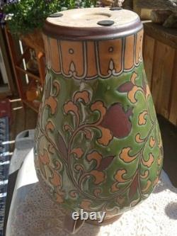 Art Nouveau Pottery Vase, Chinoiserie, 2 Handles, Green Leaf & Enamel Embossed