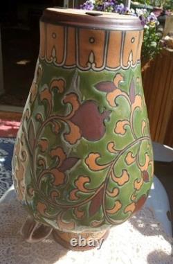 Art Nouveau Pottery Vase, Chinoiserie, 2 Handles, Green Leaf & Enamel Embossed