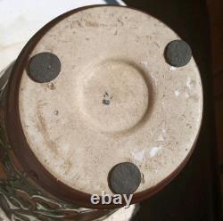 Art Nouveau Pottery Vase, Chinoiserie, 2 Handles, Green Leaf & Enamel Embossed