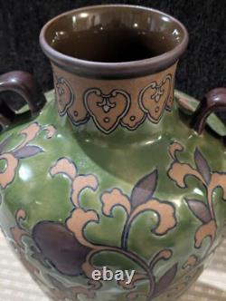 Art Nouveau Pottery Vase, Ipsen OR Chinoiserie, 2 Handles Green Leaf & Enamel