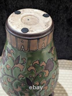 Art Nouveau Pottery Vase, Ipsen OR Chinoiserie, 2 Handles Green Leaf & Enamel
