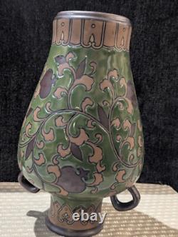 Art Nouveau Pottery Vase, Ipsen OR Chinoiserie, 2 Handles Green Leaf & Enamel