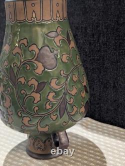 Art Nouveau Pottery Vase, Ipsen OR Chinoiserie, 2 Handles Green Leaf & Enamel