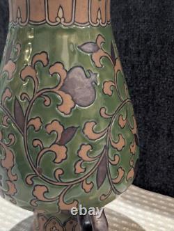 Art Nouveau Pottery Vase, Ipsen OR Chinoiserie, 2 Handles Green Leaf & Enamel