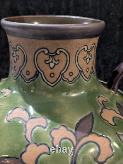 Art Nouveau Pottery Vase, Ipsen OR Chinoiserie, 2 Handles Green Leaf & Enamel