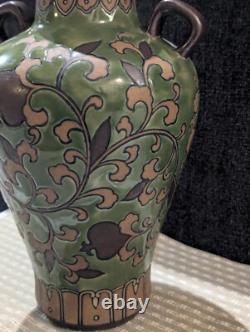 Art Nouveau Pottery Vase, Ipsen OR Chinoiserie, 2 Handles Green Leaf & Enamel