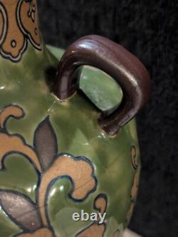 Art Nouveau Pottery Vase, Ipsen OR Chinoiserie, 2 Handles Green Leaf & Enamel