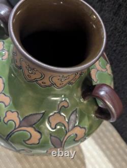 Art Nouveau Pottery Vase, Ipsen OR Chinoiserie, 2 Handles Green Leaf & Enamel