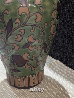 Art Nouveau Pottery Vase, Ipsen OR Chinoiserie, 2 Handles Green Leaf & Enamel
