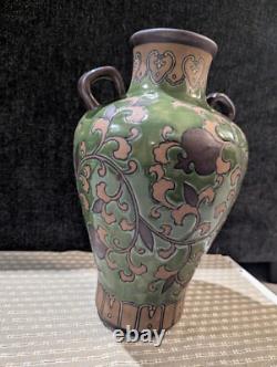 Art Nouveau Pottery Vase, Ipsen OR Chinoiserie, 2 Handles Green Leaf & Enamel