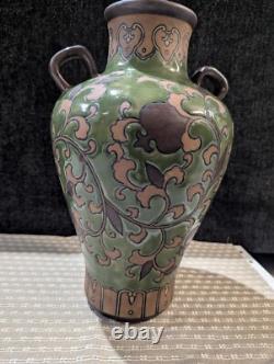 Art Nouveau Pottery Vase, Ipsen OR Chinoiserie, 2 Handles Green Leaf & Enamel