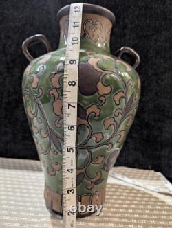 Art Nouveau Pottery Vase, Ipsen OR Chinoiserie, 2 Handles Green Leaf & Enamel