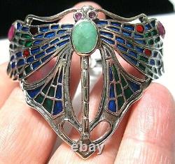 Art Nouveau Revival Solid Silver Plique a Jour Enamel Dragonfly Emerald BRACELET