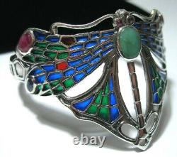 Art Nouveau Revival Solid Silver Plique a Jour Enamel Dragonfly Emerald BRACELET