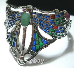 Art Nouveau Revival Solid Silver Plique a Jour Enamel Dragonfly Emerald BRACELET