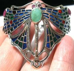 Art Nouveau Revival Solid Silver Plique a Jour Enamel Dragonfly Emerald BRACELET