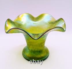 Art Nouveau Rindskopf Green Iridescent 4 Ruffled Rim Vase, Bohemian Glass