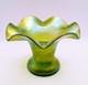 Art Nouveau Rindskopf Green Iridescent 4 Ruffled Rim Vase, Bohemian Glass