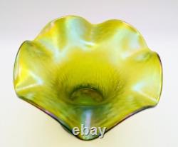 Art Nouveau Rindskopf Green Iridescent 4 Ruffled Rim Vase, Bohemian Glass