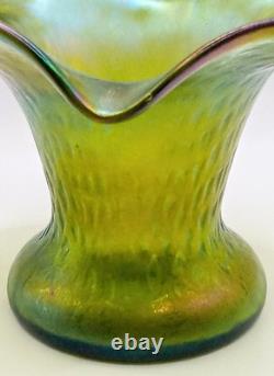 Art Nouveau Rindskopf Green Iridescent 4 Ruffled Rim Vase, Bohemian Glass