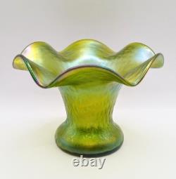 Art Nouveau Rindskopf Green Iridescent 4 Ruffled Rim Vase, Bohemian Glass