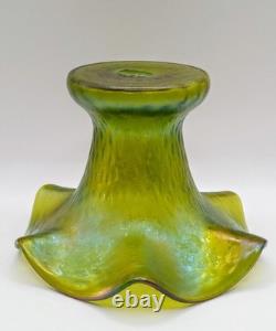 Art Nouveau Rindskopf Green Iridescent 4 Ruffled Rim Vase, Bohemian Glass