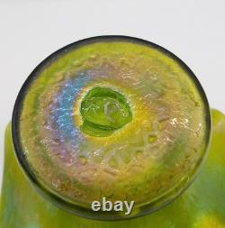 Art Nouveau Rindskopf Green Iridescent 4 Ruffled Rim Vase, Bohemian Glass