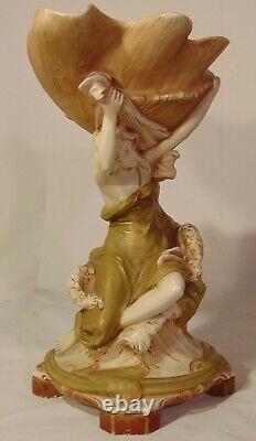 Art Nouveau Royal Dux Amphora Figural Bowl Vase Compote Maiden Woman Conch Shell