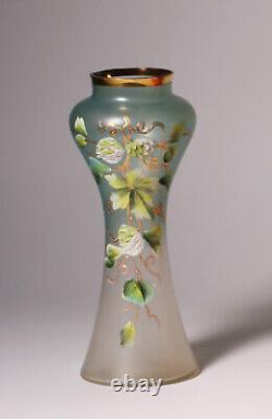 Art Nouveau Satin Glass Vase Enameled Flower Painting Austria 1910