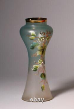 Art Nouveau Satin Glass Vase Enameled Flower Painting Austria 1910