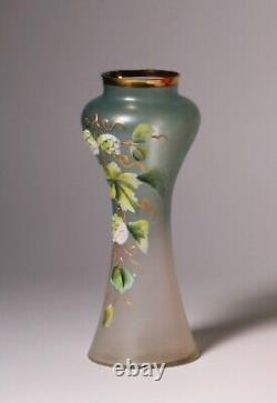 Art Nouveau Satin Glass Vase Enameled Flower Painting Austria 1910