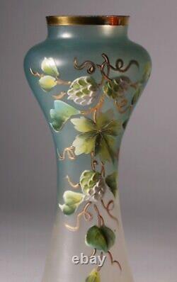Art Nouveau Satin Glass Vase Enameled Flower Painting Austria 1910