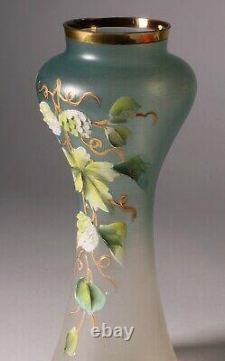Art Nouveau Satin Glass Vase Enameled Flower Painting Austria 1910