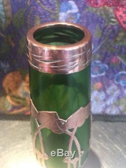 Art Nouveau Secessionist Green Glass Vase with Copper Overlay Jugendstil