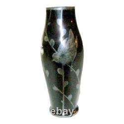 Art Nouveau Silver Overlay Green Art Glass Miniature Vase with Bird & Flora