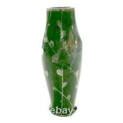Art Nouveau Silver Overlay Green Art Glass Miniature Vase with Bird & Flora