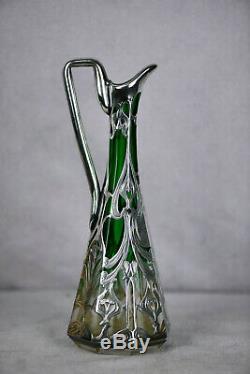 Art Nouveau Silver Overlay Green Narrow Glass Decanter Pitcher (AS1617)