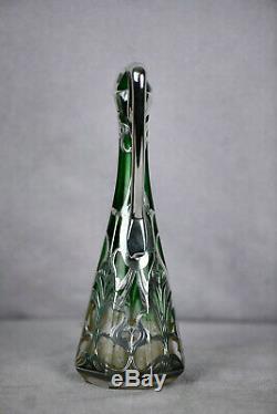 Art Nouveau Silver Overlay Green Narrow Glass Decanter Pitcher (AS1617)