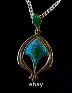 Art Nouveau Silver and Blue Green Enamel Pendant, Liberty Style