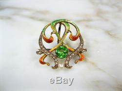 Art Nouveau Solid 14k Yellow Gold Seed Pearl Green Peridot Enamel Brooch Antique