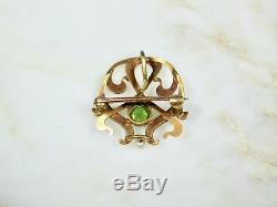 Art Nouveau Solid 14k Yellow Gold Seed Pearl Green Peridot Enamel Brooch Antique