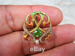 Art Nouveau Solid 14k Yellow Gold Seed Pearl Green Peridot Enamel Brooch Antique